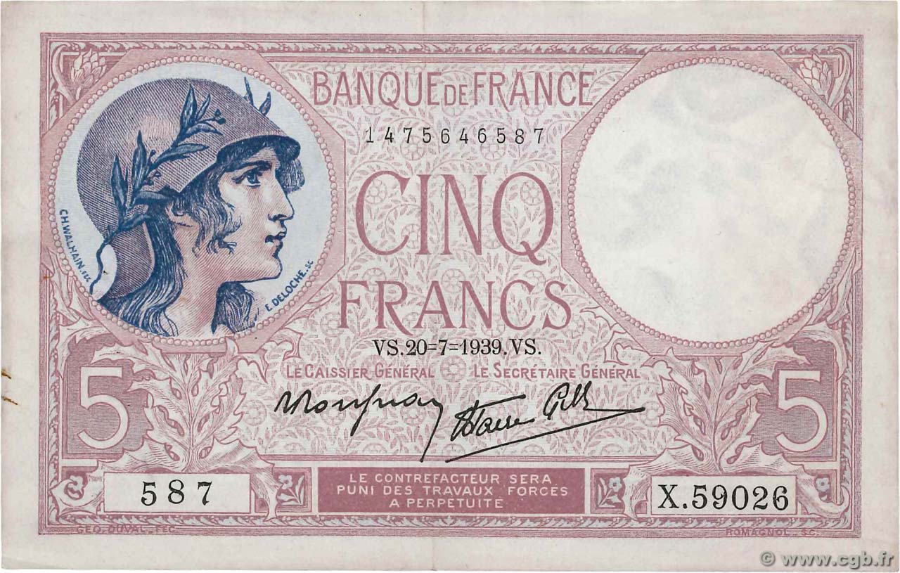 5 Francs FEMME CASQUÉE modifié FRANCIA  1939 F.04.02 MBC