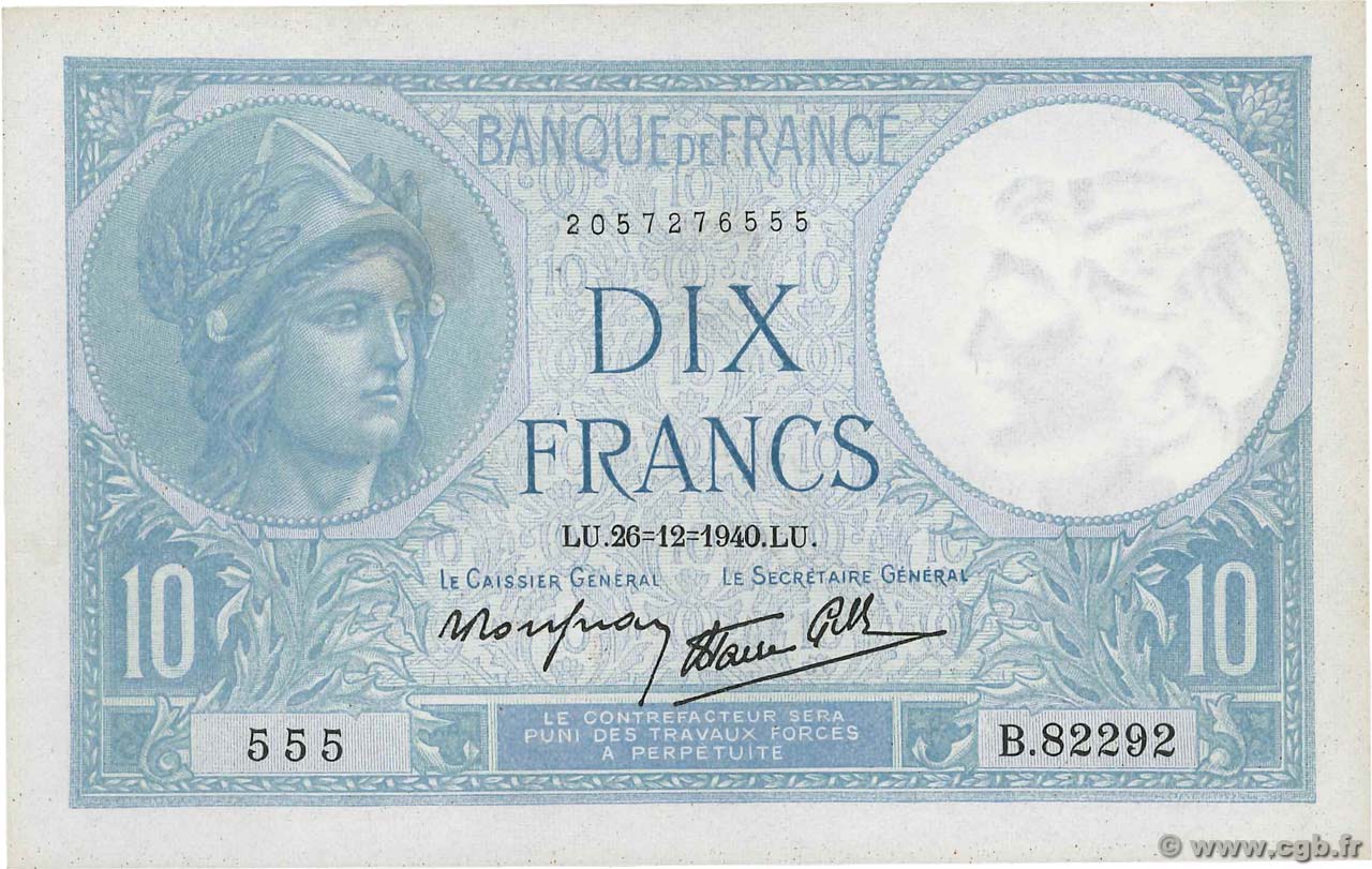 10 Francs MINERVE modifié FRANCE  1940 F.07.25 XF+