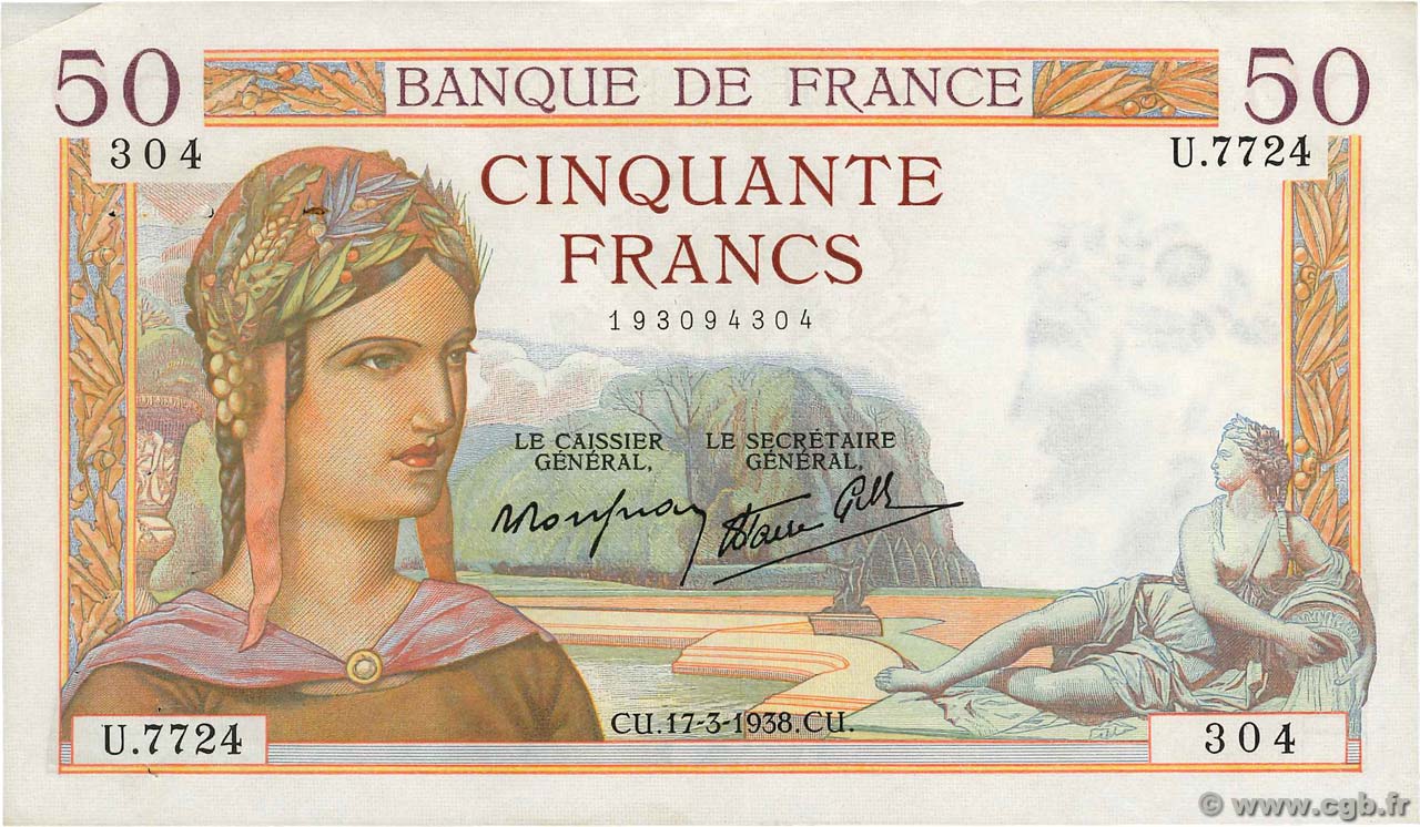 50 Francs CÉRÈS modifié FRANCE  1938 F.18.10 TTB+