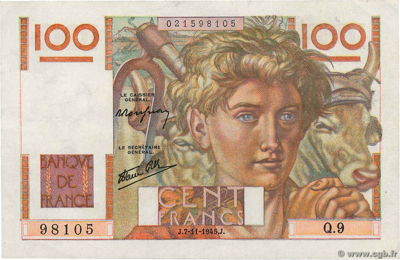 100 Francs JEUNE PAYSAN FRANCE  1945 F.28.01 TTB