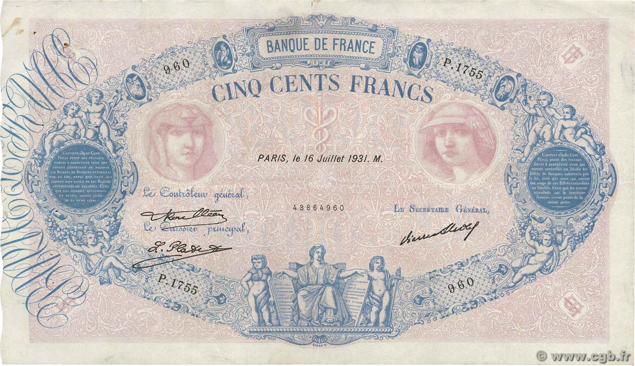 500 Francs BLEU ET ROSE FRANCE  1931 F.30.34 VF
