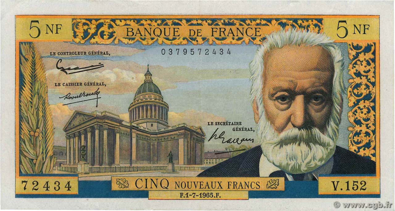 5 Nouveaux Francs VICTOR HUGO FRANCE  1965 F.56.19 VF