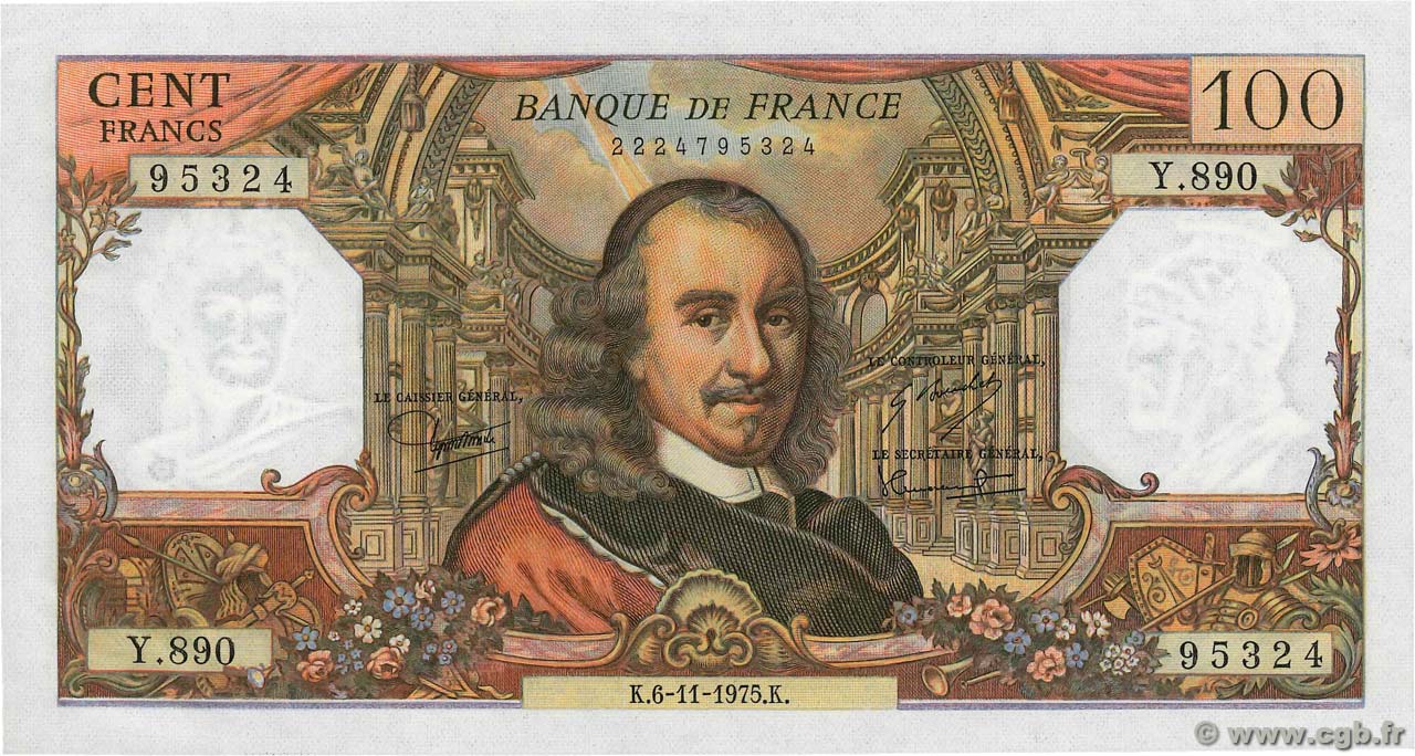 100 Francs CORNEILLE FRANCE  1975 F.65.50 UNC-