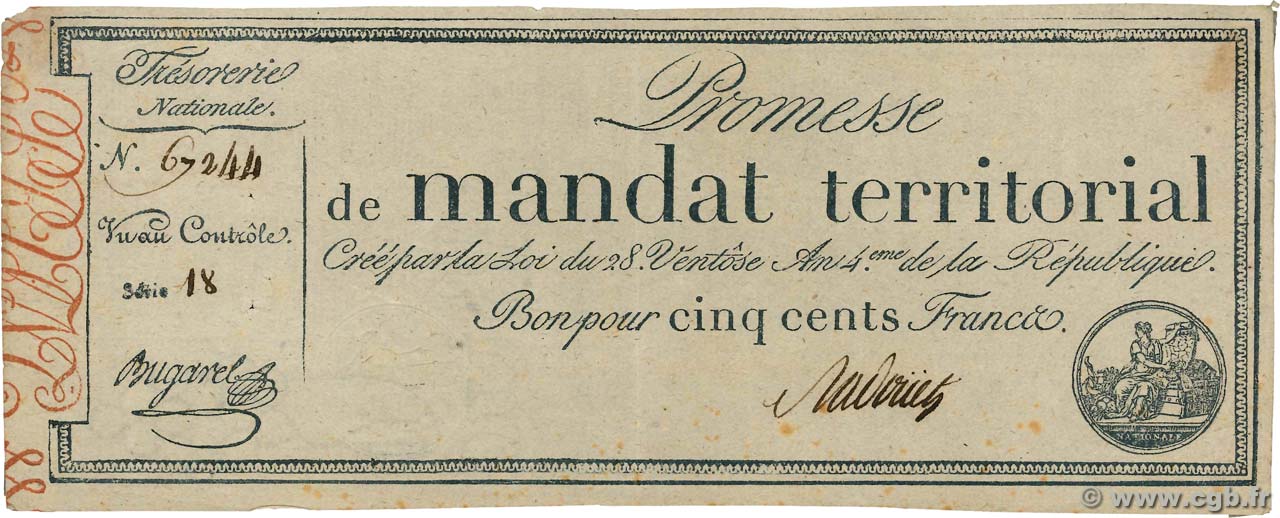 500 Francs avec série FRANCIA  1796 Ass.62b MBC
