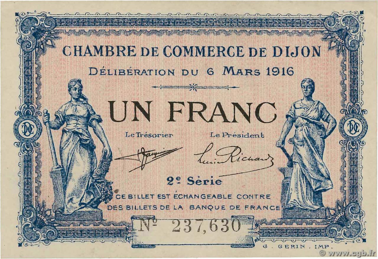 1 Franc FRANCE regionalismo y varios Dijon 1916 JP.053.09 SC+