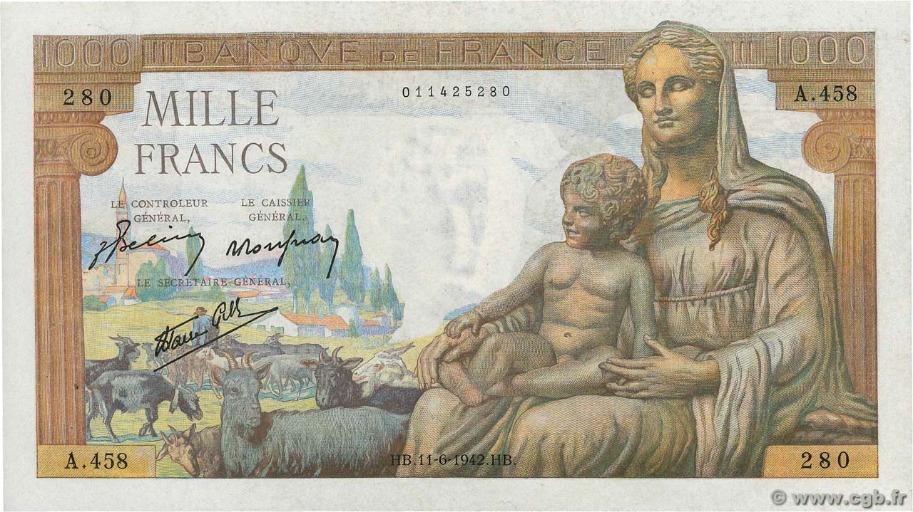 1000 Francs DÉESSE DÉMÉTER FRANCIA  1942 F.40.02 EBC+