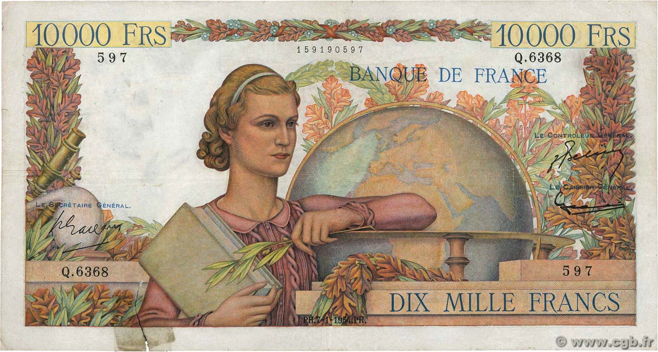 10000 Francs GÉNIE FRANÇAIS FRANKREICH  1954 F.50.69 S