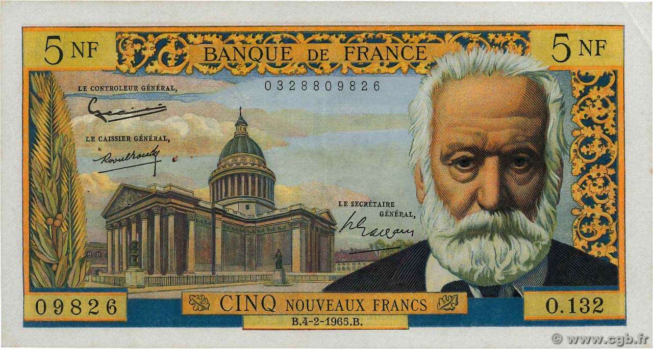 5 Nouveaux Francs VICTOR HUGO FRANCE  1965 F.56.17 pr.SUP