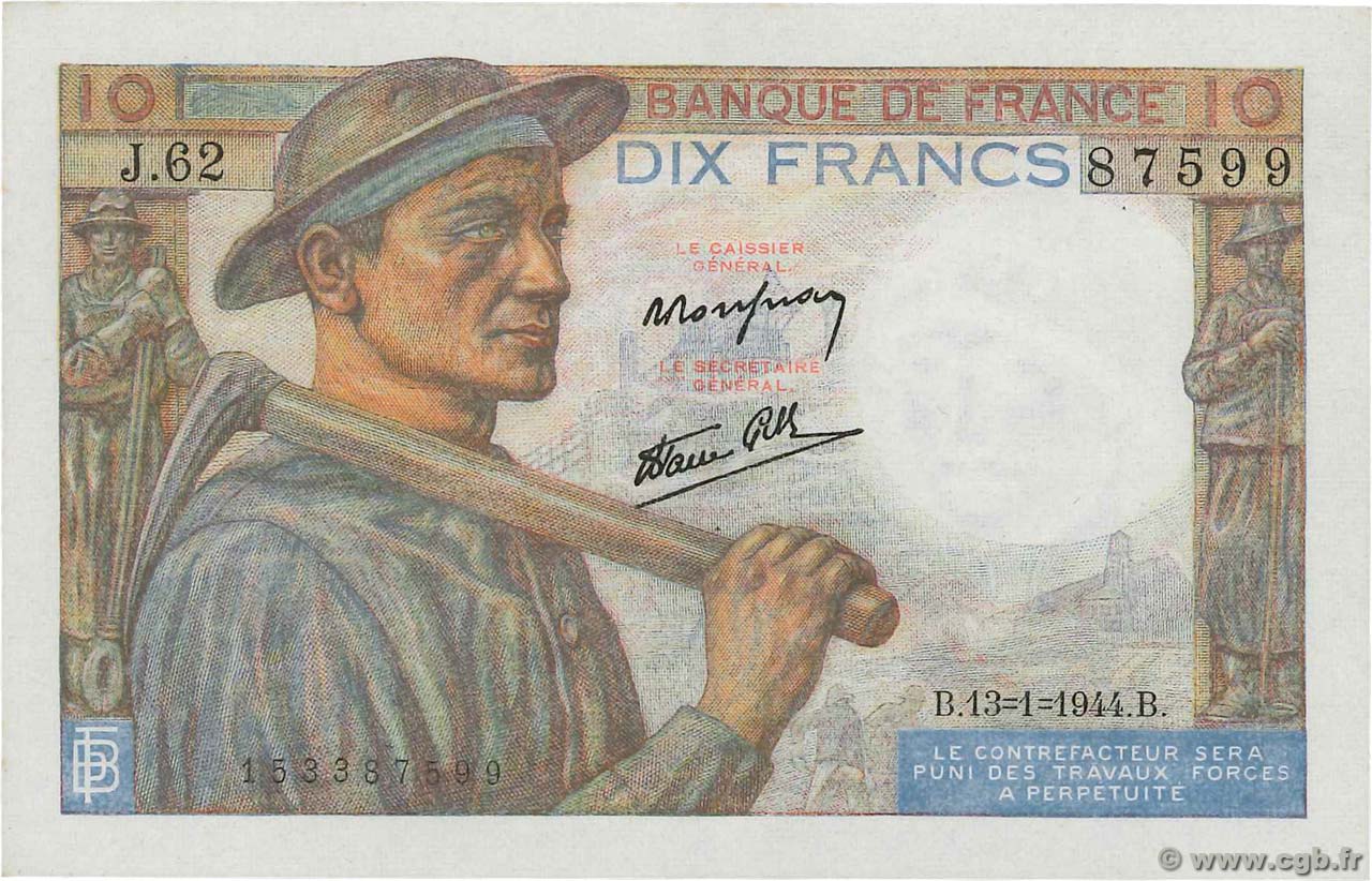 10 Francs MINEUR FRANKREICH  1944 F.08.10 fST+