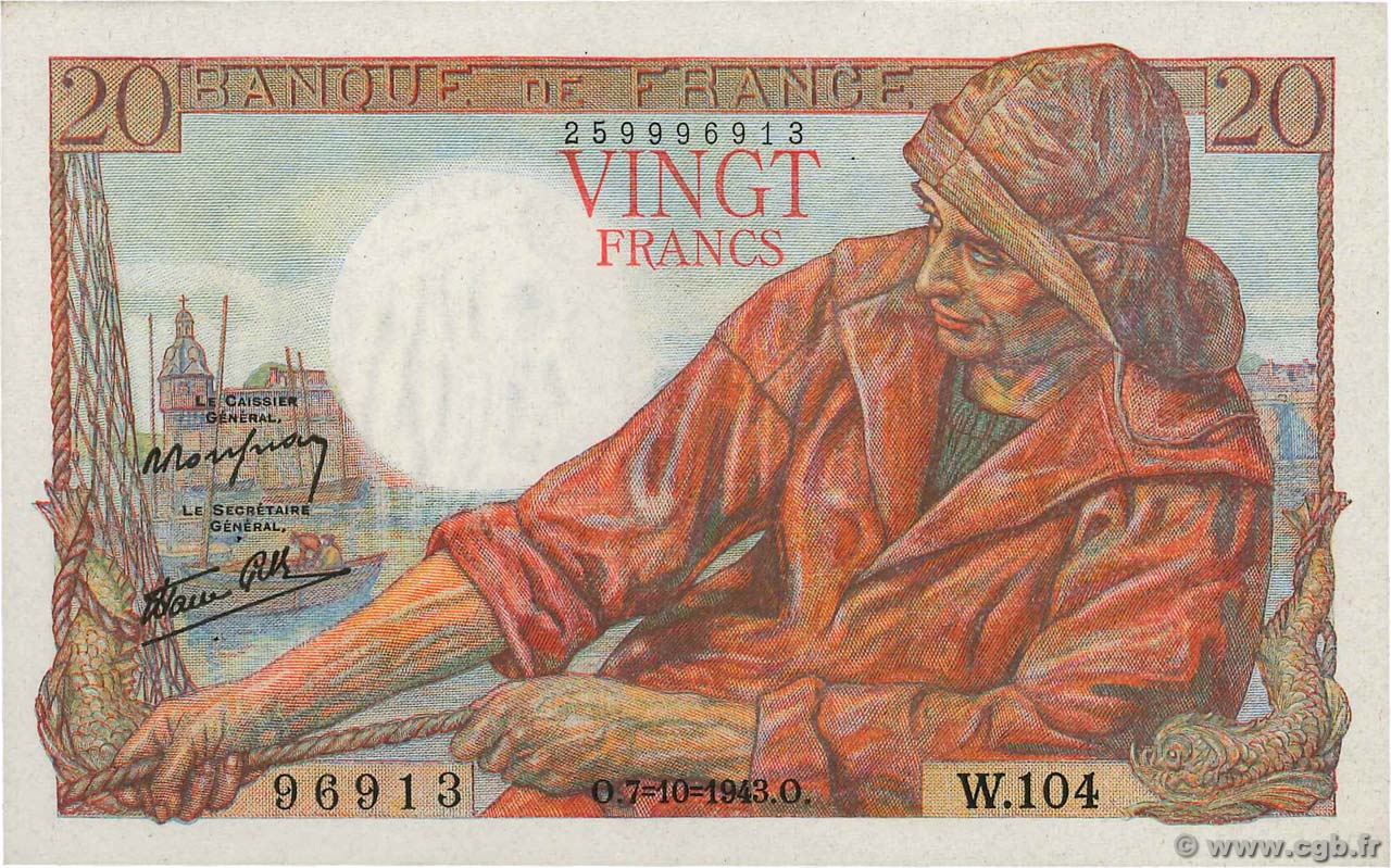 20 Francs PÊCHEUR FRANCE  1943 F.13.07 AU