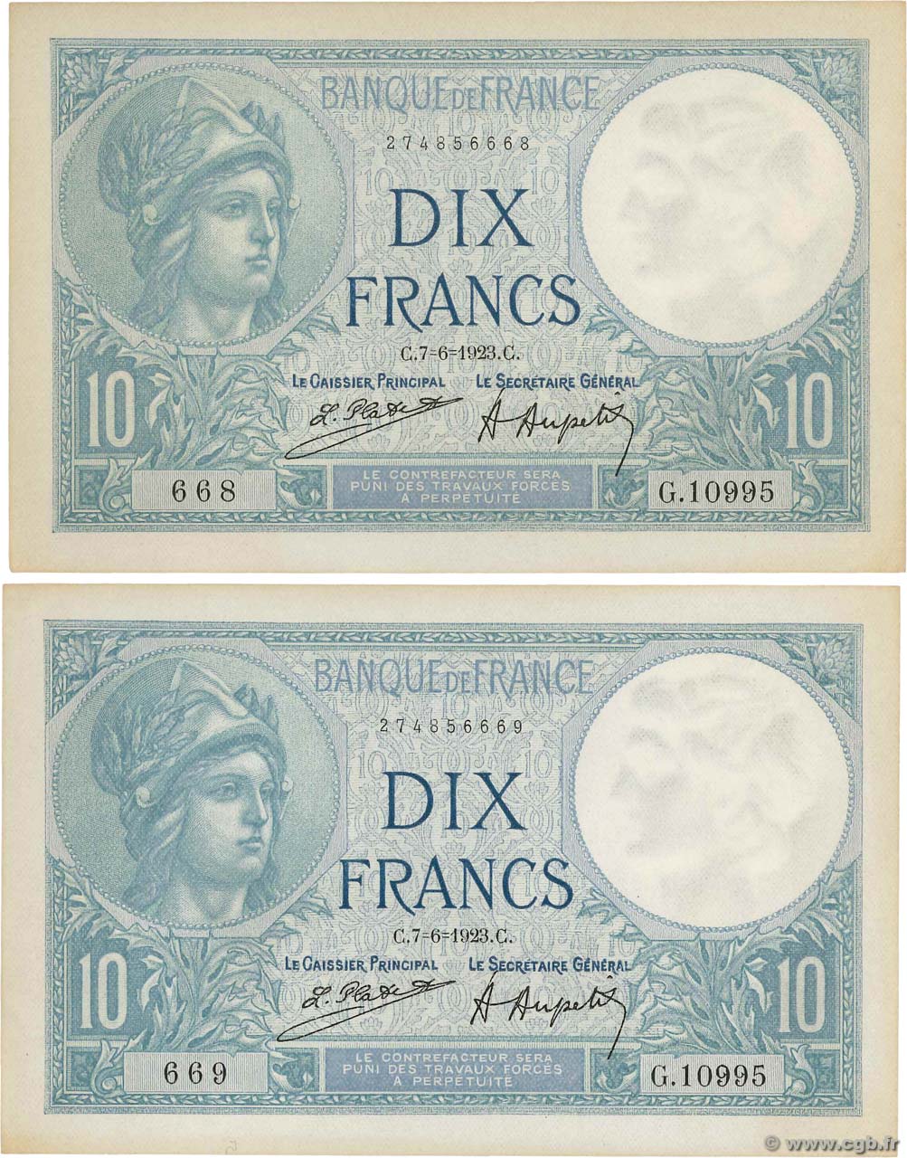 10 Francs MINERVE Consécutifs FRANCE  1923 F.06.07 SUP+