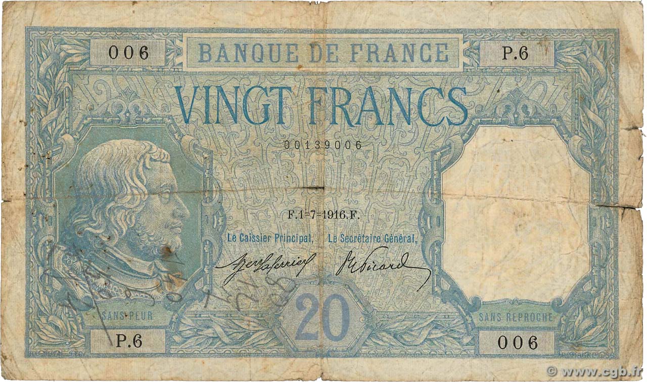 20 Francs BAYARD FRANCIA  1916 F.11.01 MC