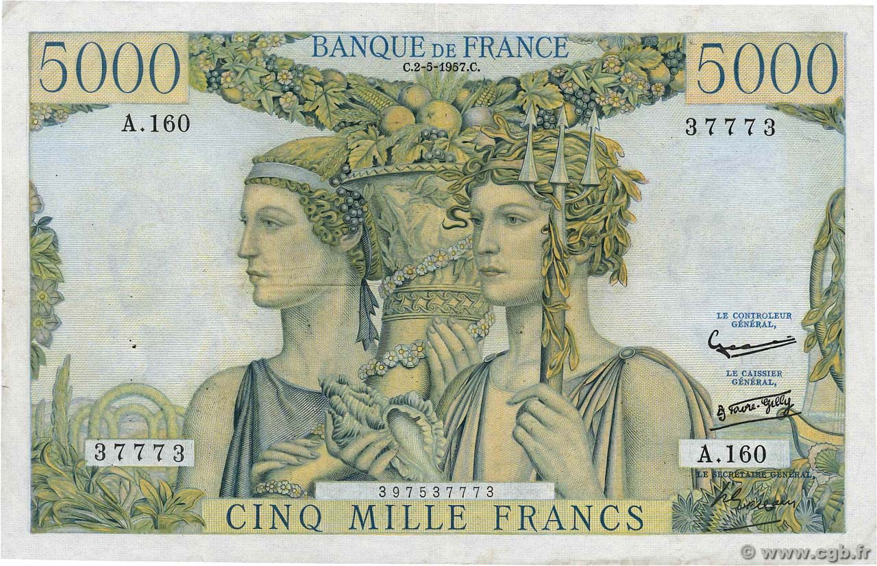 5000 Francs TERRE ET MER Numéro radar FRANCE  1957 F.48.14 pr.TTB