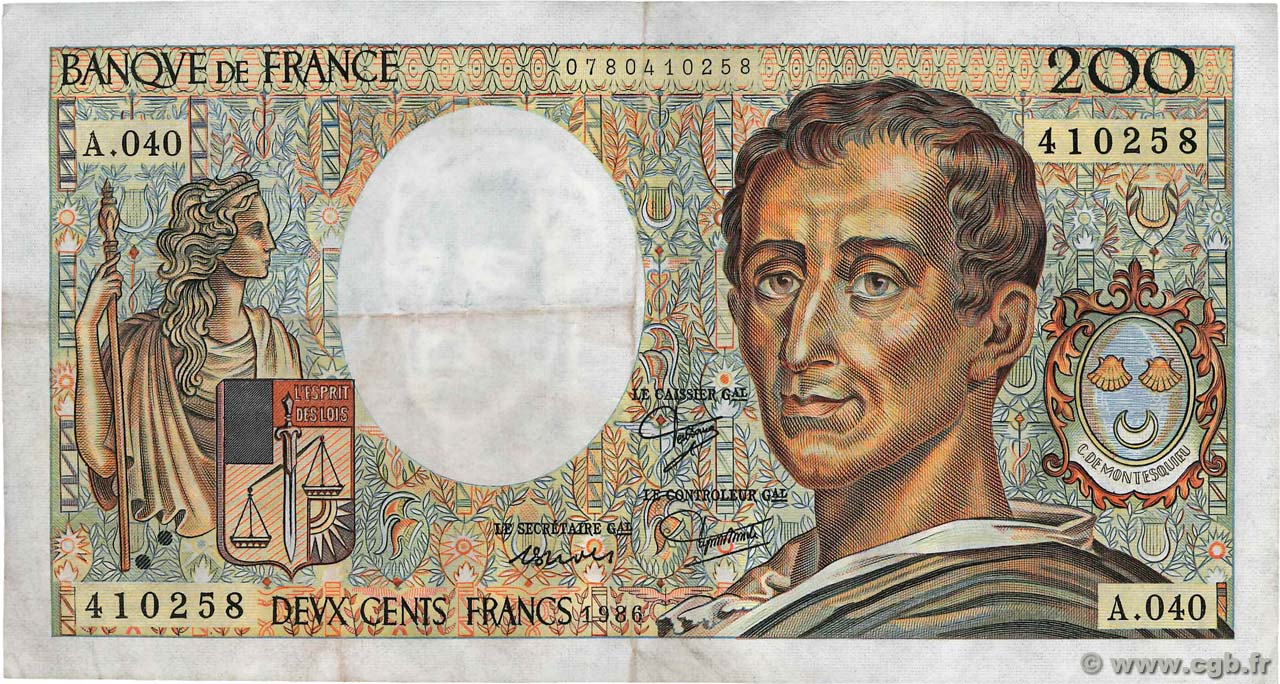 200 Francs MONTESQUIEU FRANCE  1986 F.70.06 VF