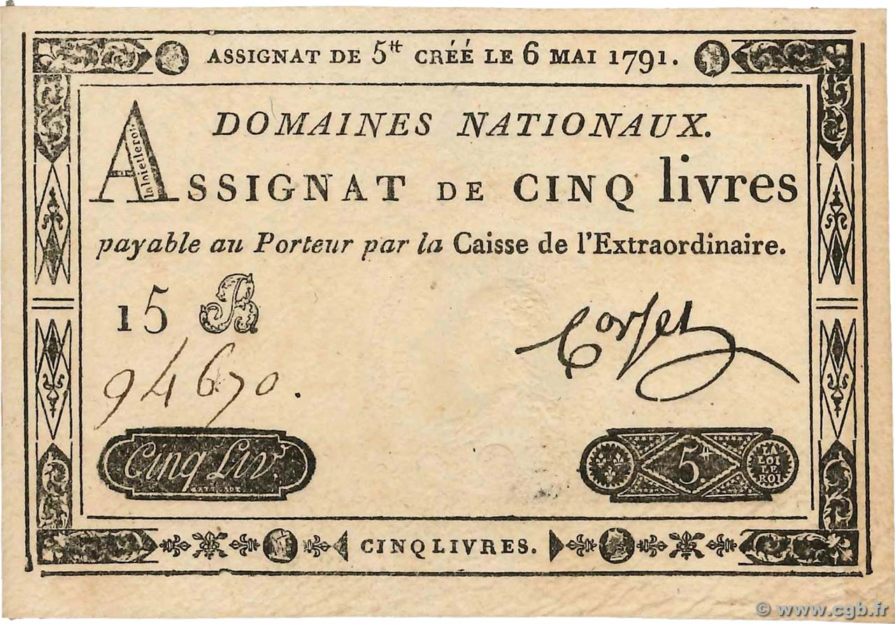 5 Livres FRANCE  1791 Ass.12a AU