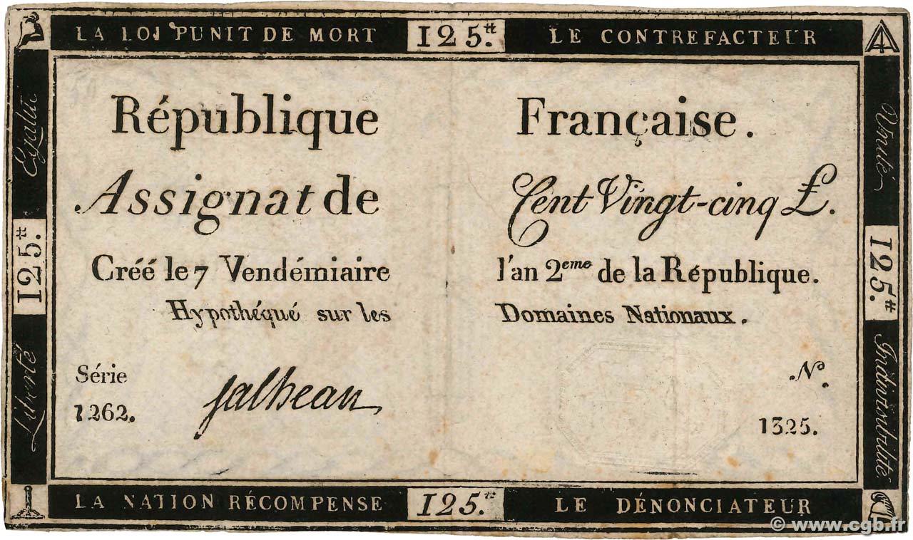 125 Livres FRANCE  1793 Ass.44a F