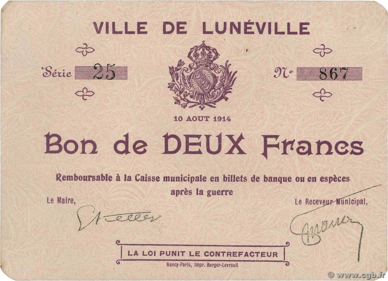 2 Francs FRANCE regionalismo e varie Lunéville 1914 JPNEC.54.76 SPL+