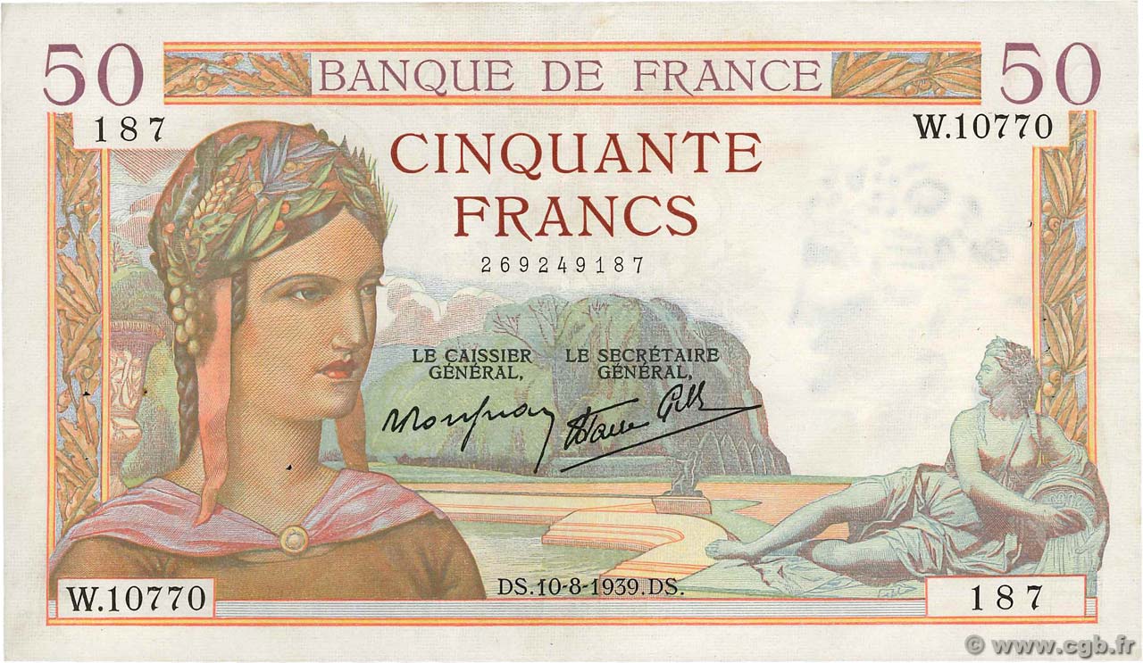 50 Francs CÉRÈS modifié FRANCE  1939 F.18.29 VF