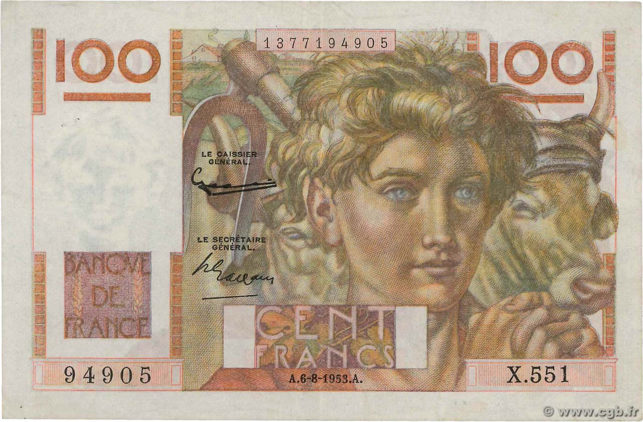100 Francs JEUNE PAYSAN filigrane inversé FRANCE  1952 F.28bis.02 TTB+