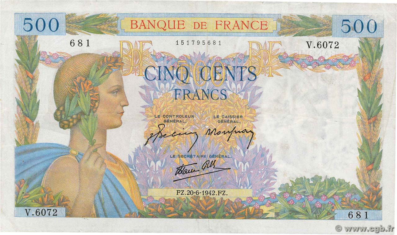 500 Francs LA PAIX FRANKREICH  1942 F.32.35 fSS