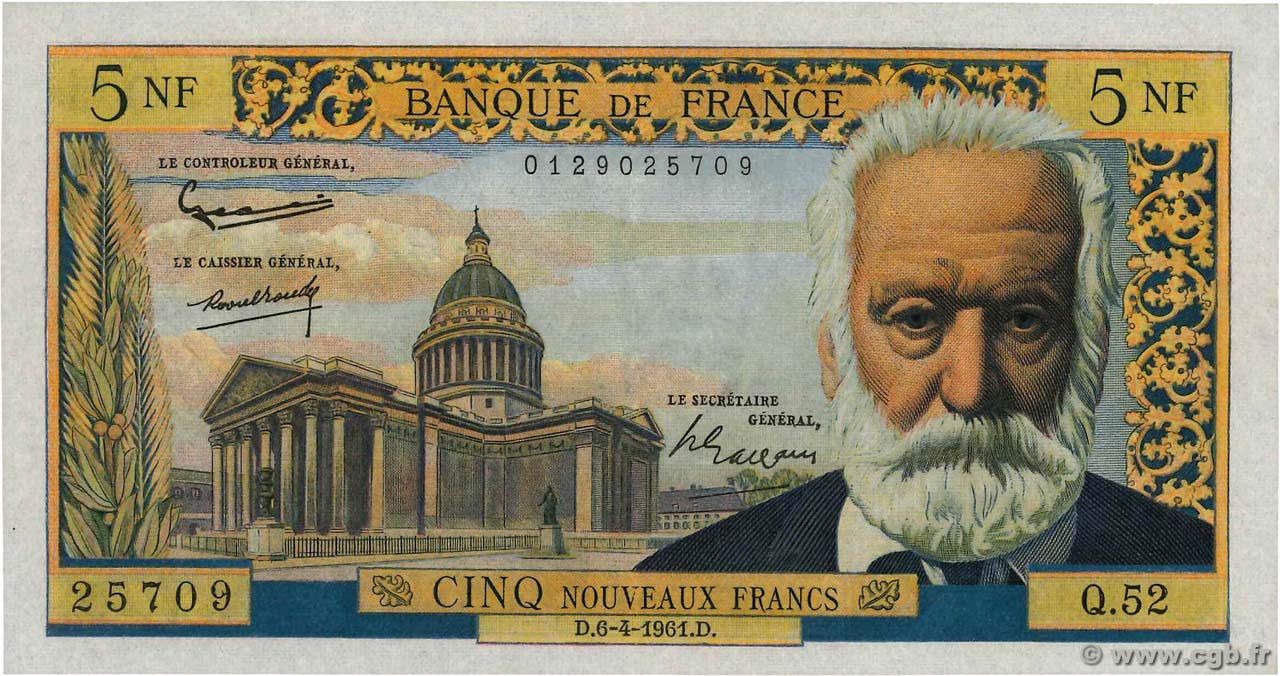 5 Nouveaux Francs VICTOR HUGO FRANCE  1961 F.56.07 XF