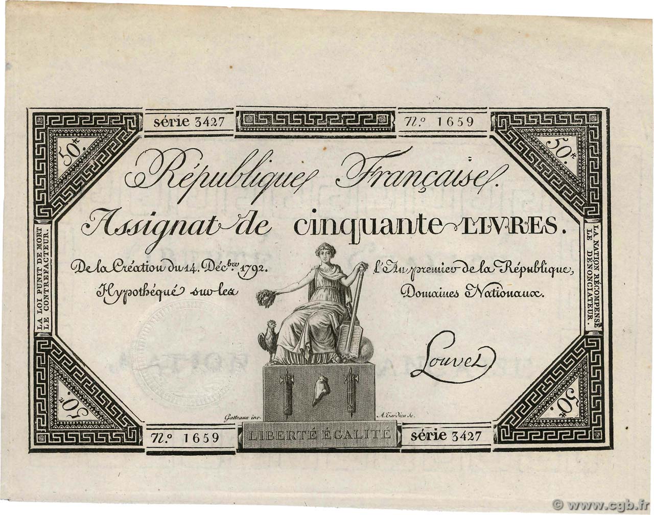 50 Livres FRANCE  1792 Ass.39a SUP+