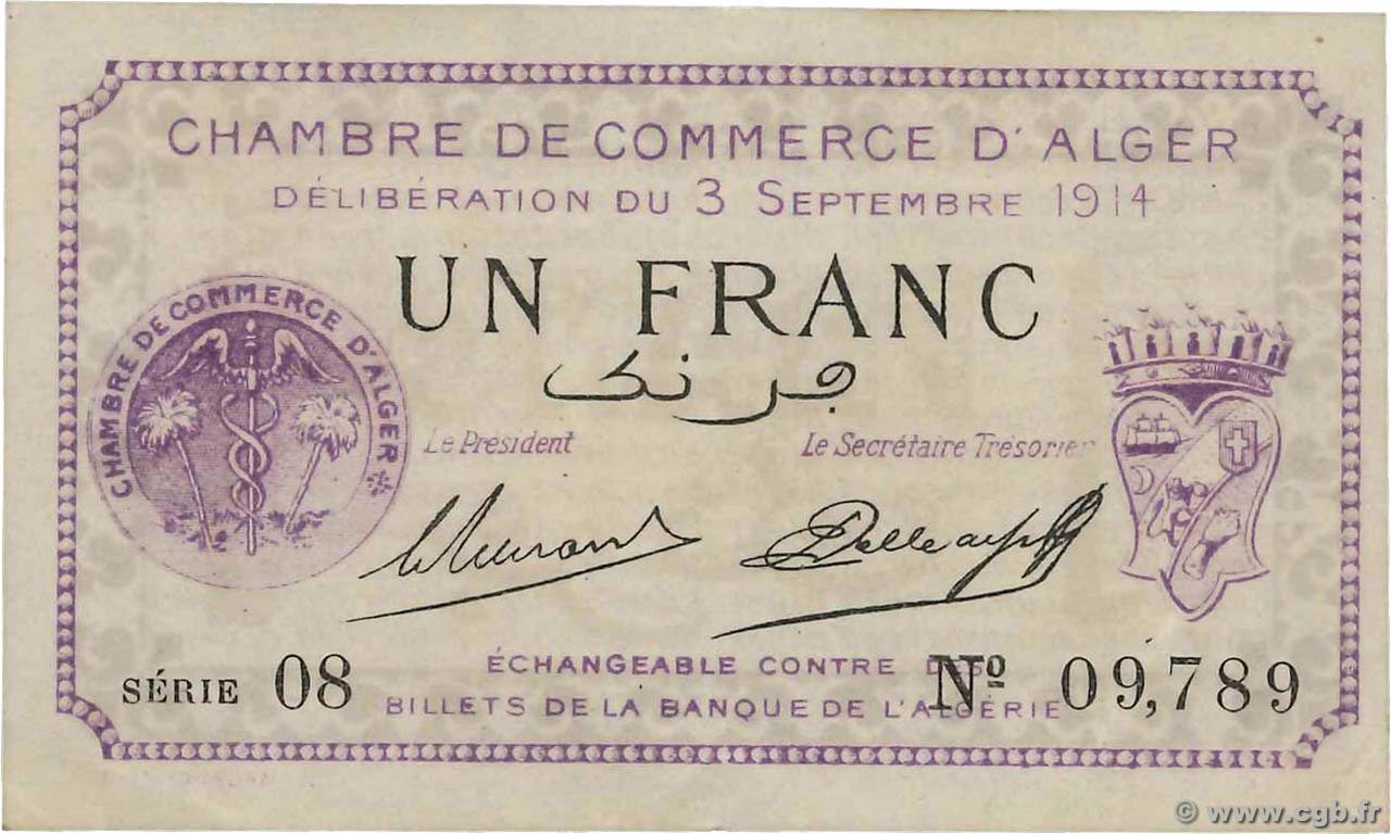 1 Franc FRANCE regionalism and various Alger 1914 JP.137.01 XF+