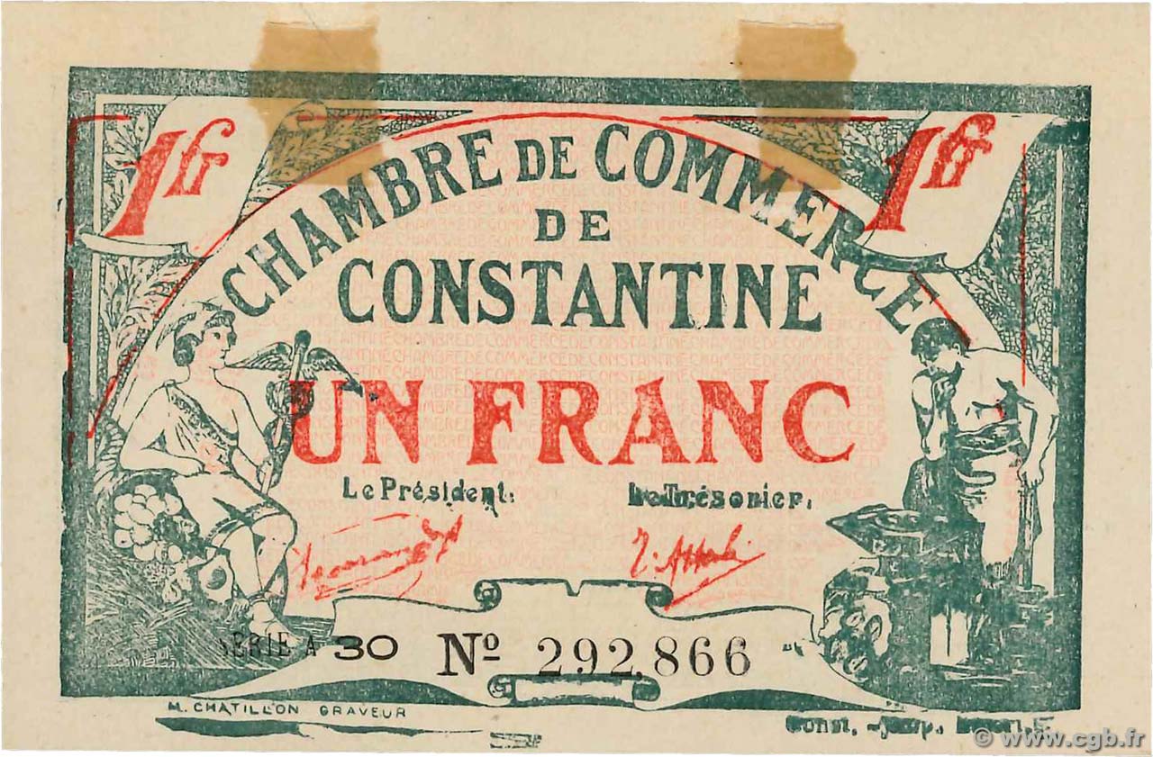 1 Franc FRANCE regionalism and miscellaneous Constantine 1921 JP.140.31 XF+