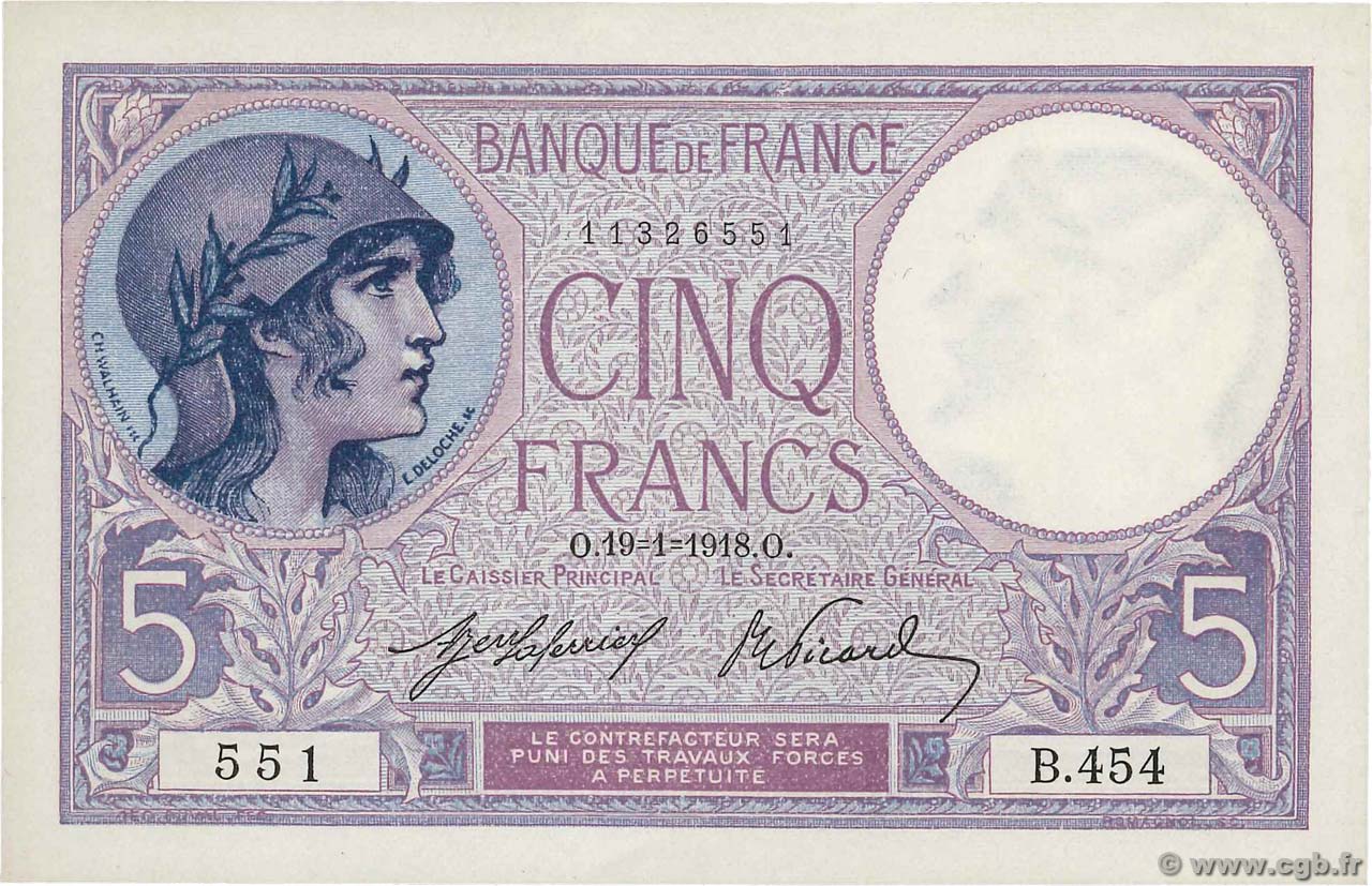 5 Francs FEMME CASQUÉE FRANCIA  1918 F.03.02 q.AU