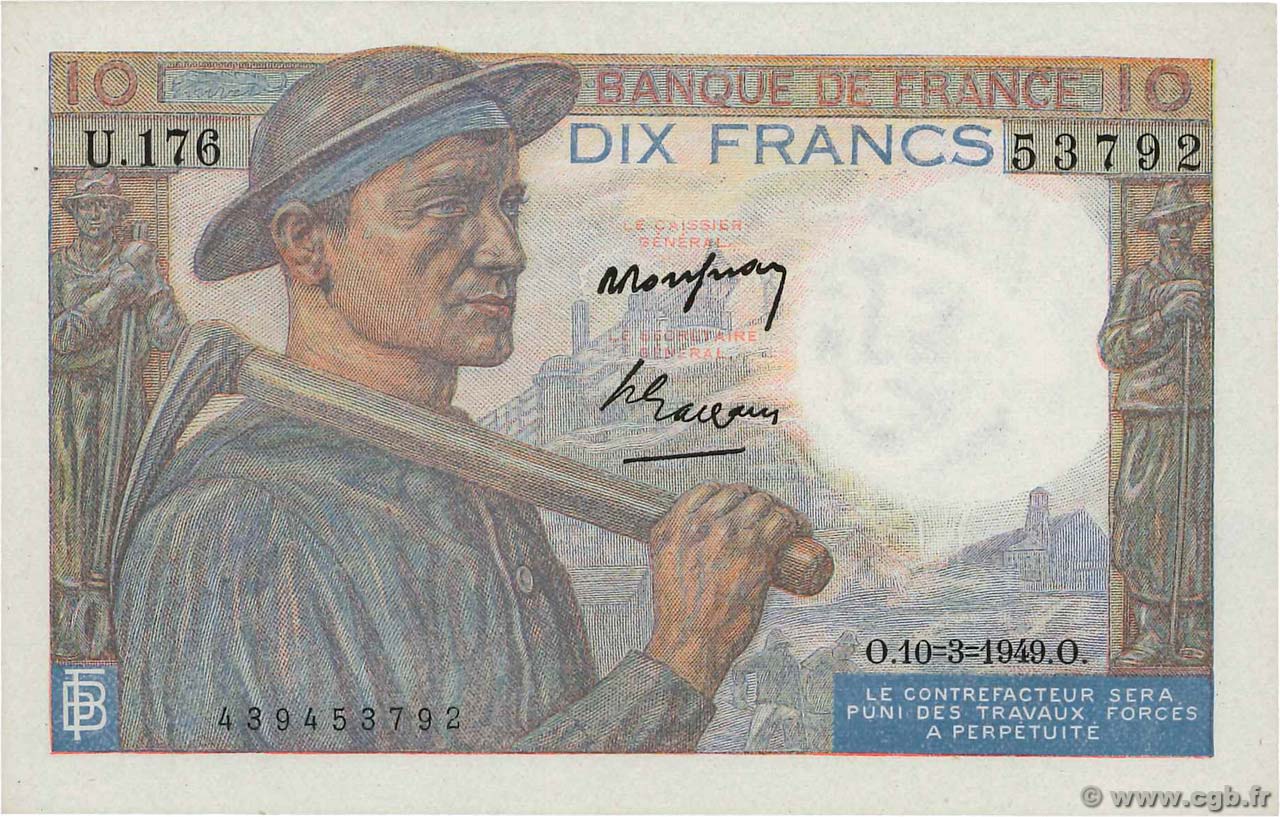 10 Francs MINEUR FRANCE  1949 F.08.20 pr.SPL