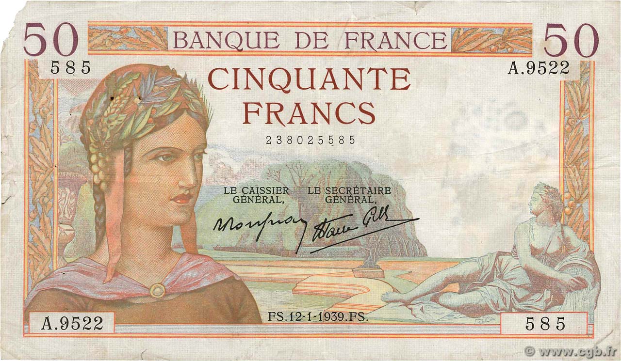 50 Francs CÉRÈS modifié FRANCE  1939 F.18.20 pr.TB