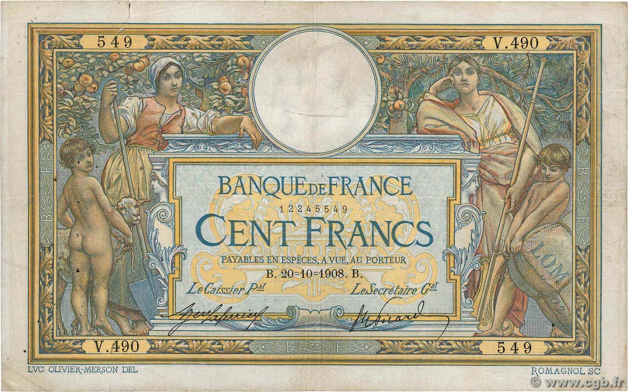 100 Francs LUC OLIVIER MERSON avec LOM FRANCE  1908 F.22.01 pr.TB
