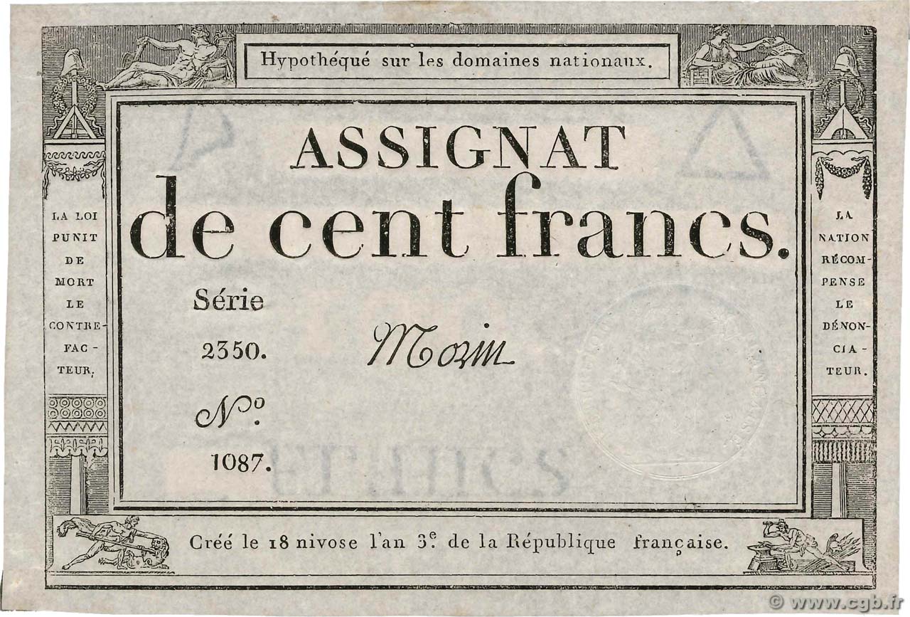 100 Francs FRANCE  1795 Ass.48a AU-
