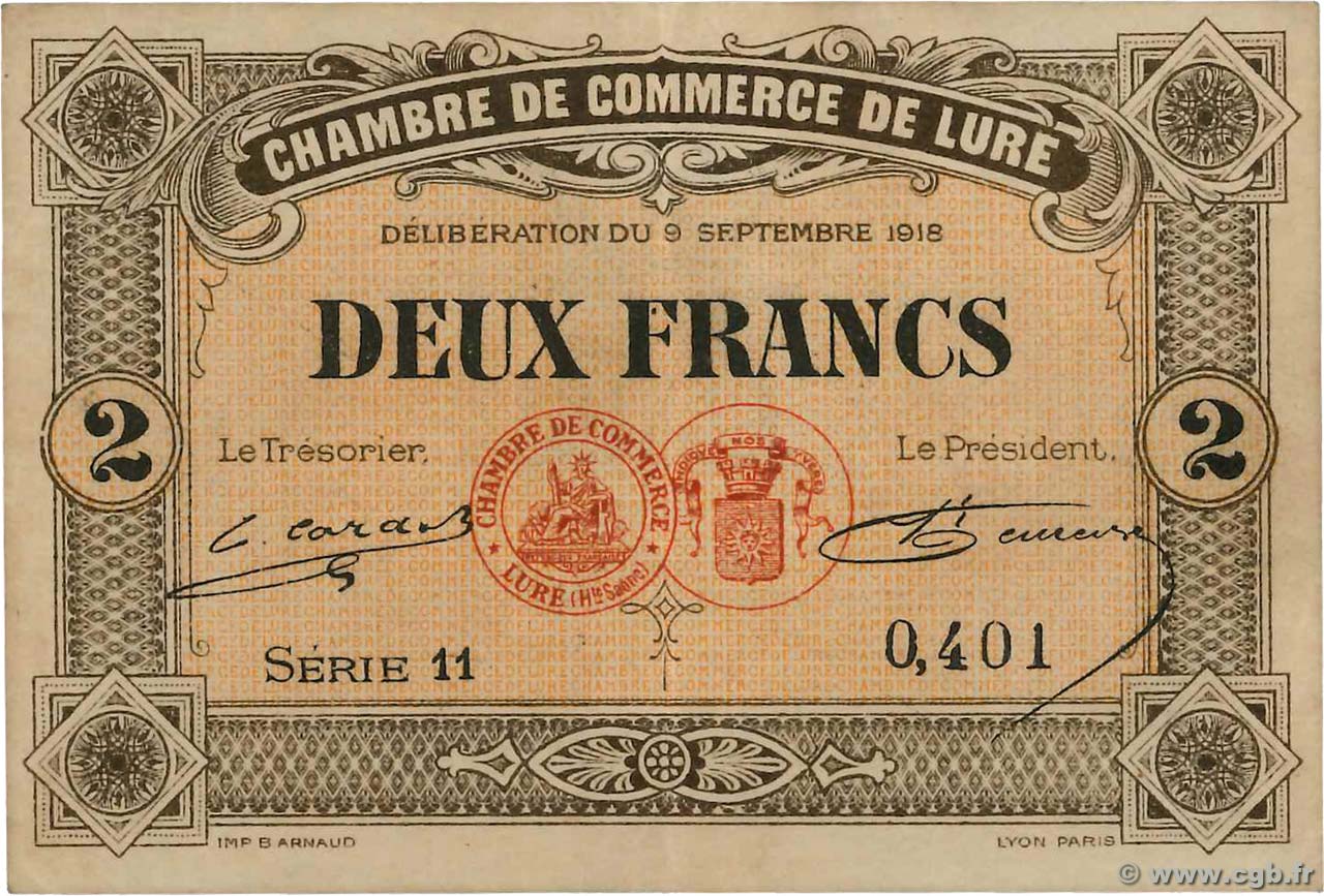 2 Francs FRANCE regionalism and miscellaneous Lure 1918 JP.076.30 VF