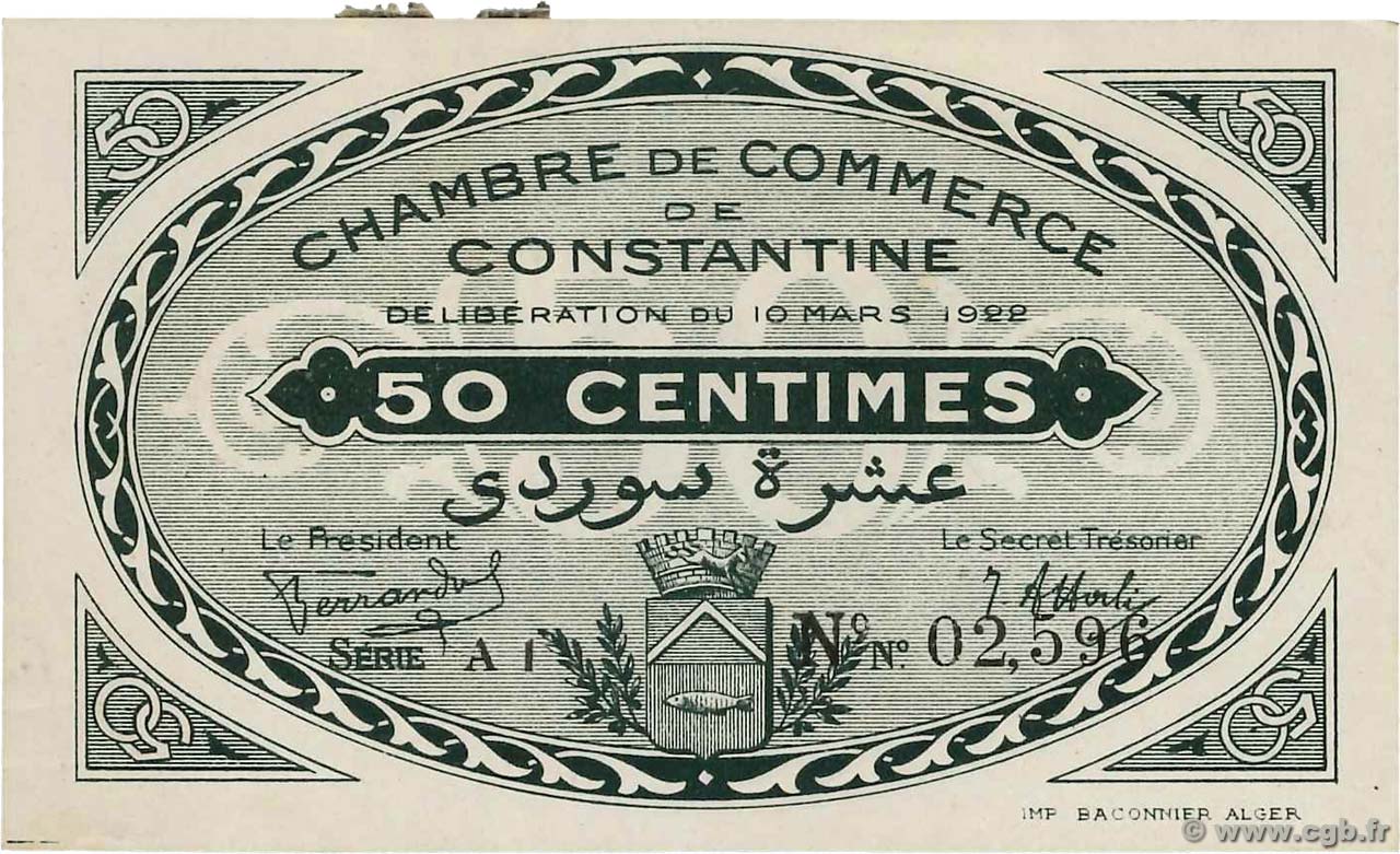 50 Centimes FRANCE regionalism and miscellaneous Constantine 1922 JP.140.36 XF+