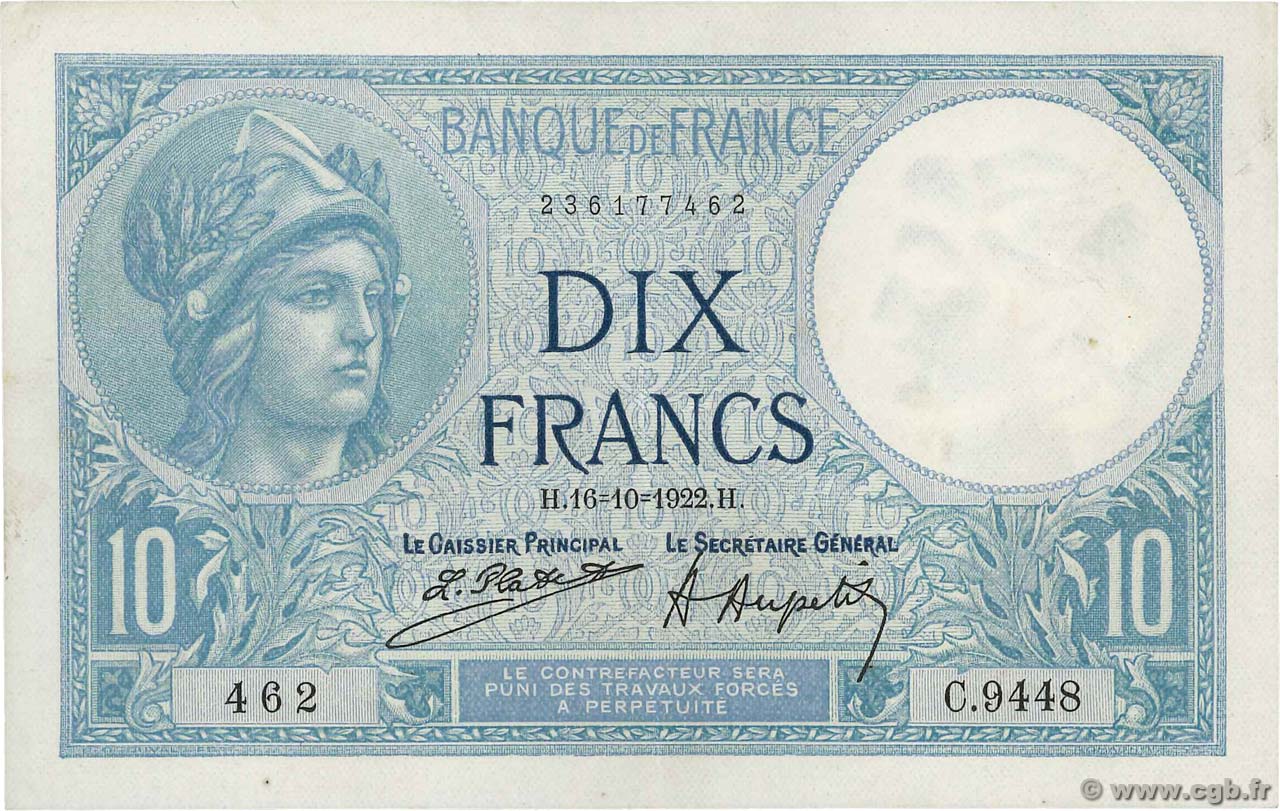 10 Francs MINERVE FRANCE  1922 F.06.06 XF