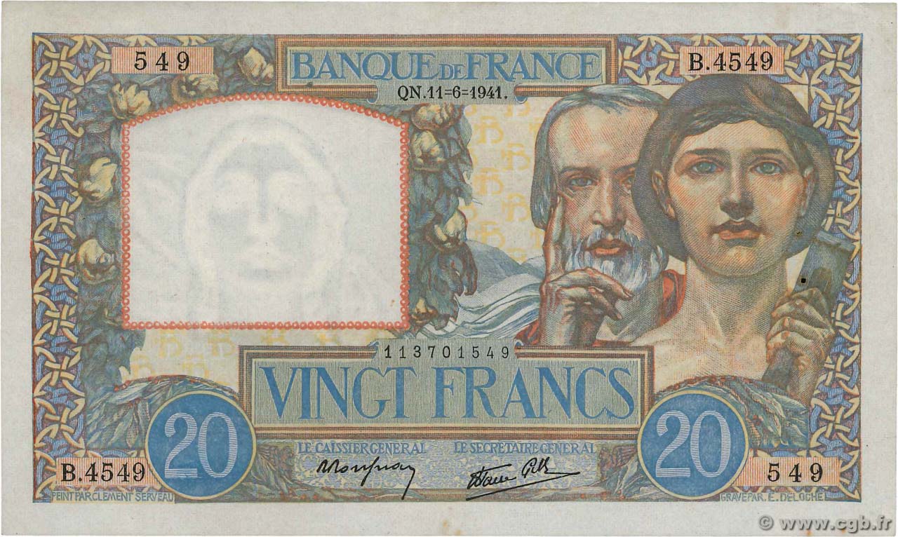 20 Francs TRAVAIL ET SCIENCE FRANKREICH  1941 F.12.15 fVZ