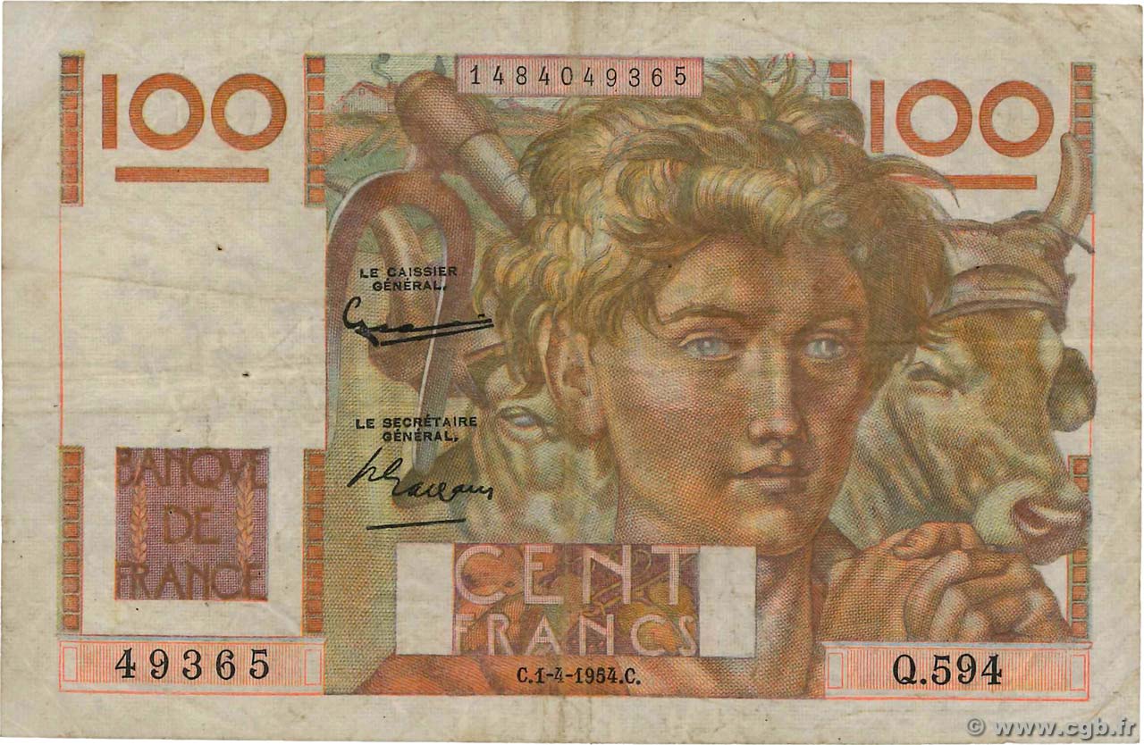100 Francs JEUNE PAYSAN filigrane inversé FRANCE  1954 F.28bis.06 TB