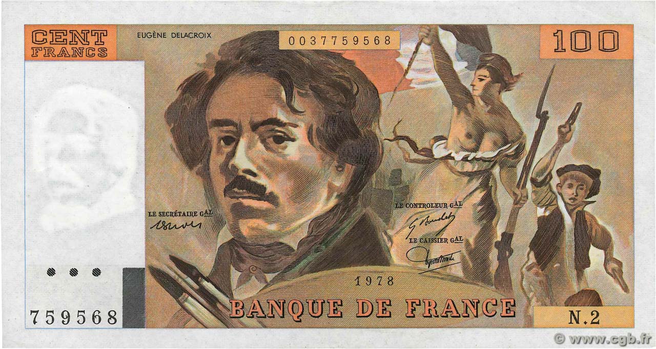 100 Francs DELACROIX FRANCE  1978 F.68.02 SUP