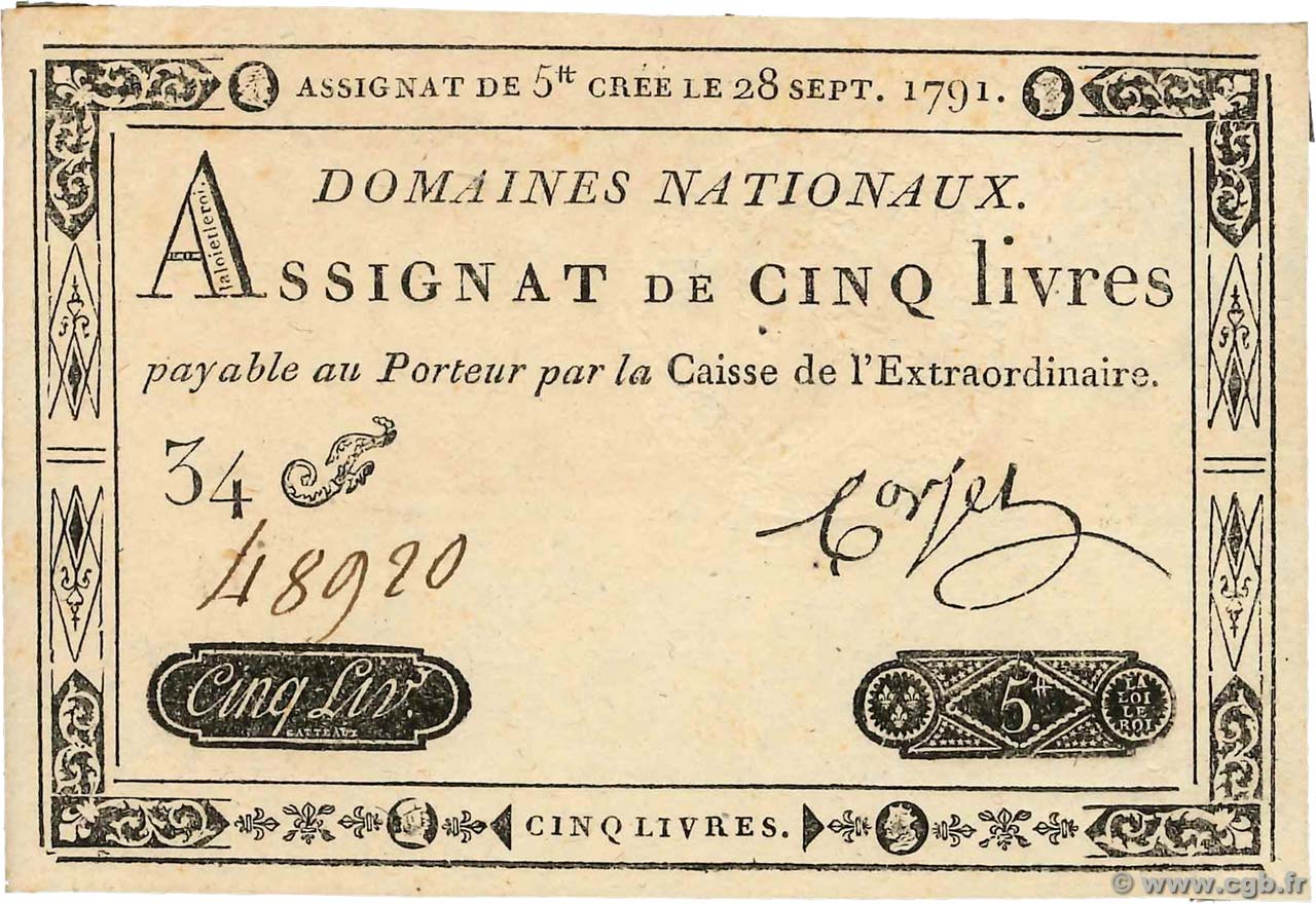 5 Livres FRANCE  1791 Ass.19a pr.NEUF