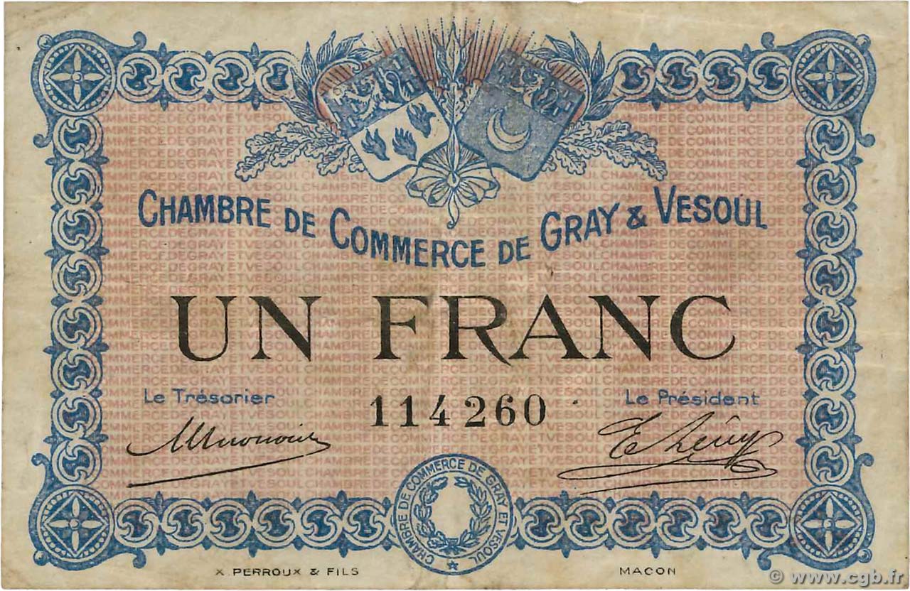 1 Franc FRANCE régionalisme et divers Gray et Vesoul 1915 JP.062.03 pr.TTB