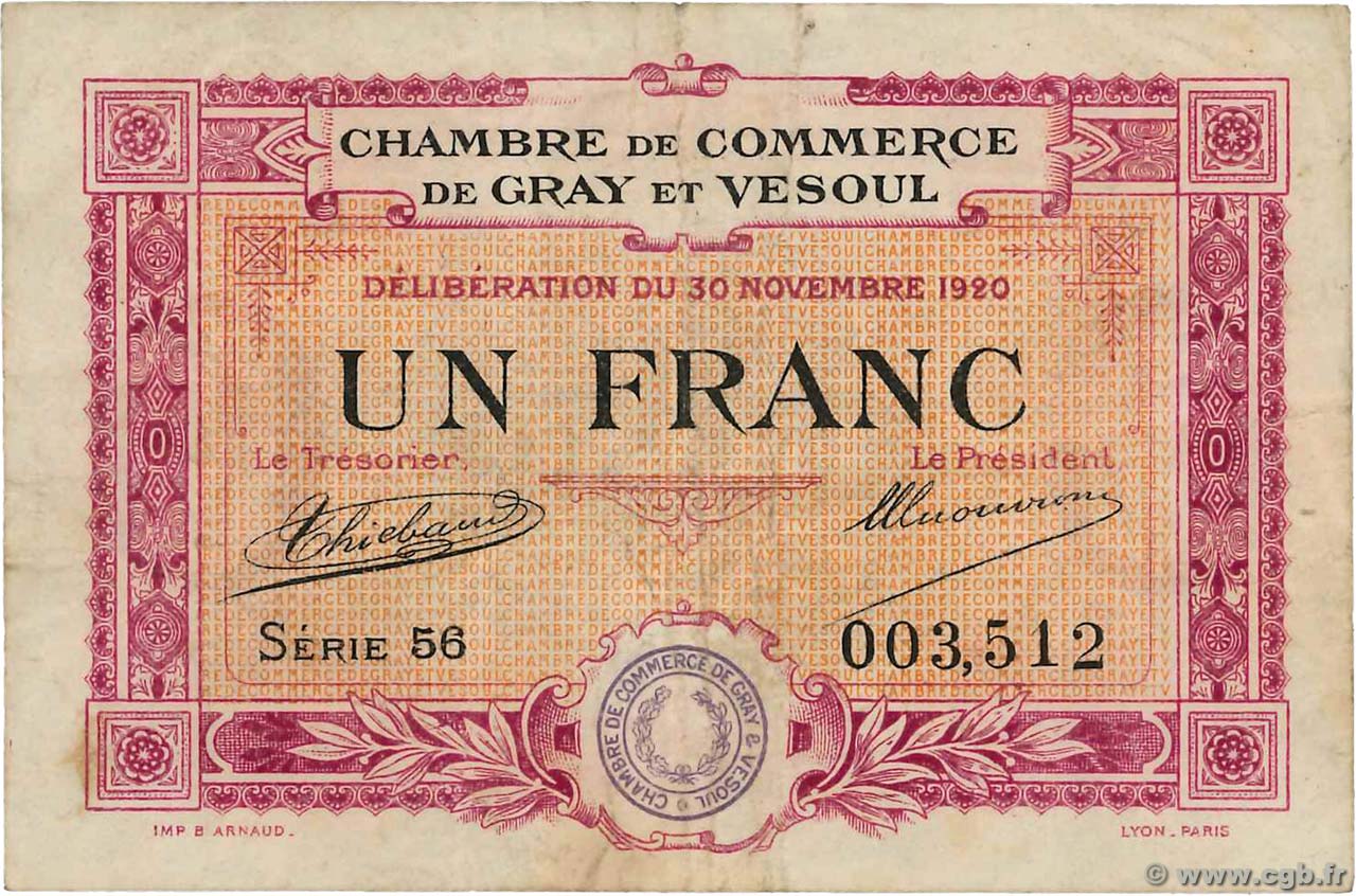 1 Franc FRANCE regionalism and miscellaneous Gray et Vesoul 1920 JP.062.17 F