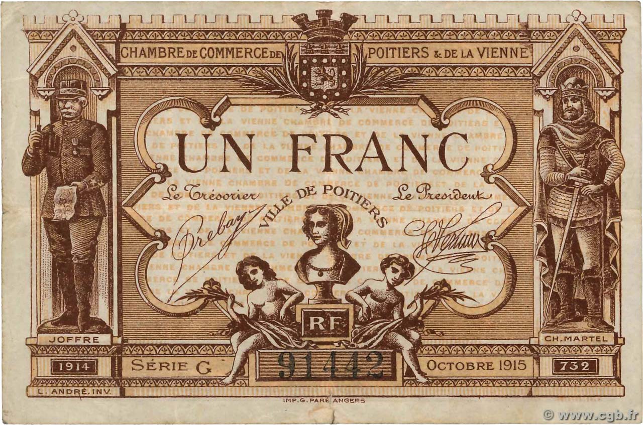 1 Franc FRANCE regionalism and various Poitiers 1915 JP.101.03 F