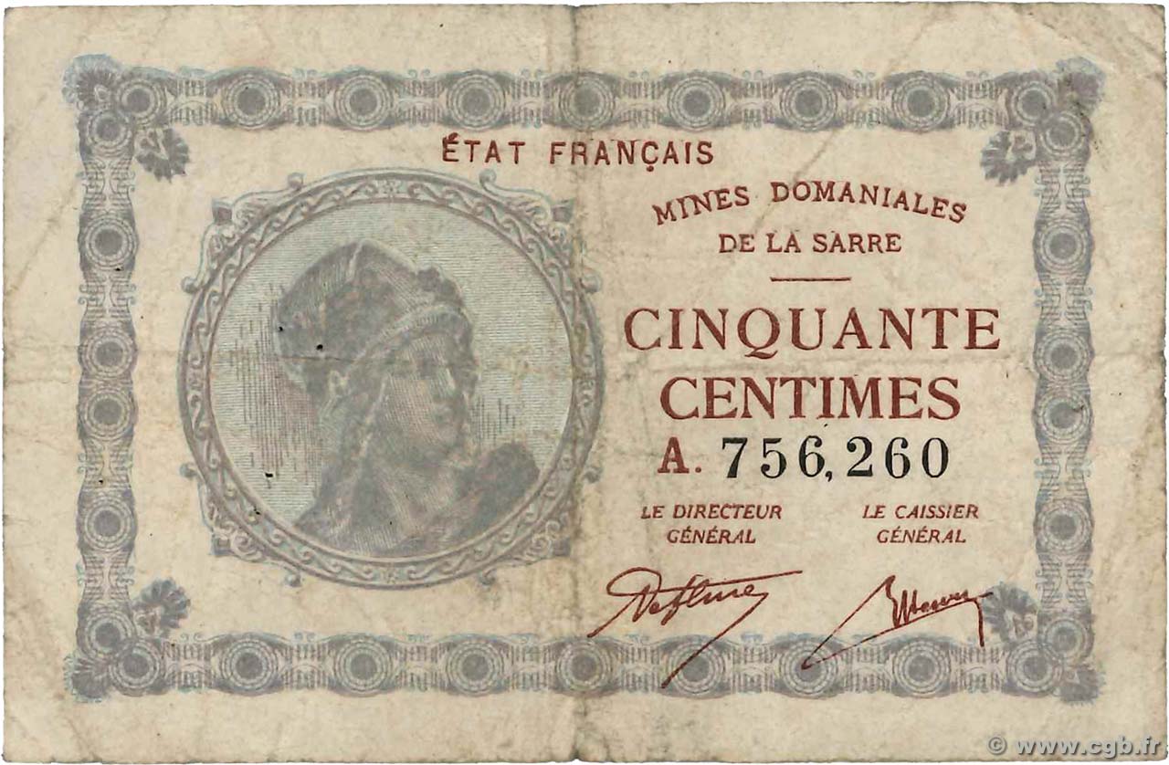 50 Centimes MINES DOMANIALES DE LA SARRE FRANCIA  1919 VF.50.01 q.MB