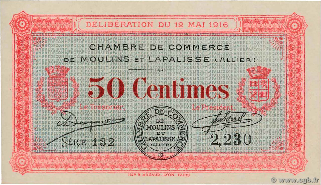 50 Centimes FRANCE regionalism and miscellaneous Moulins et Lapalisse 1916 JP.086.01 UNC