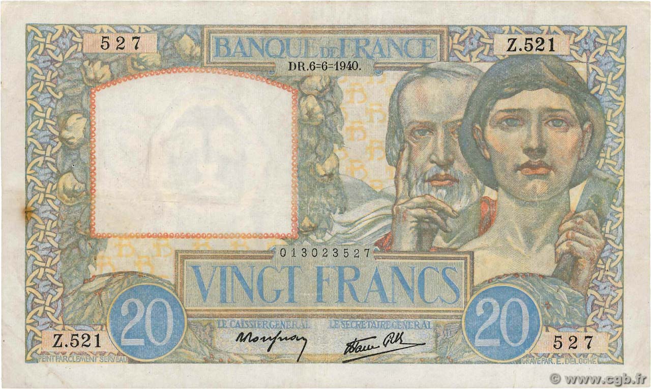 20 Francs TRAVAIL ET SCIENCE FRANCE  1940 F.12.03 F+