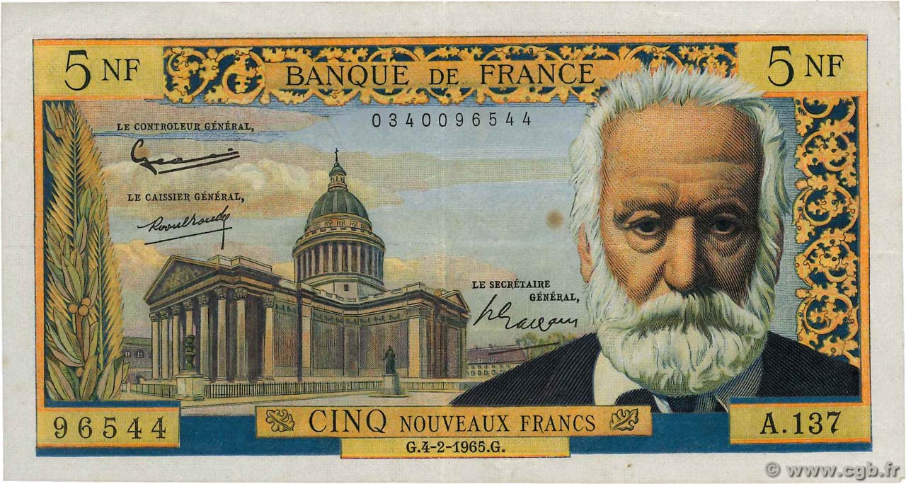 5 Nouveaux Francs VICTOR HUGO FRANCIA  1965 F.56.17 BB