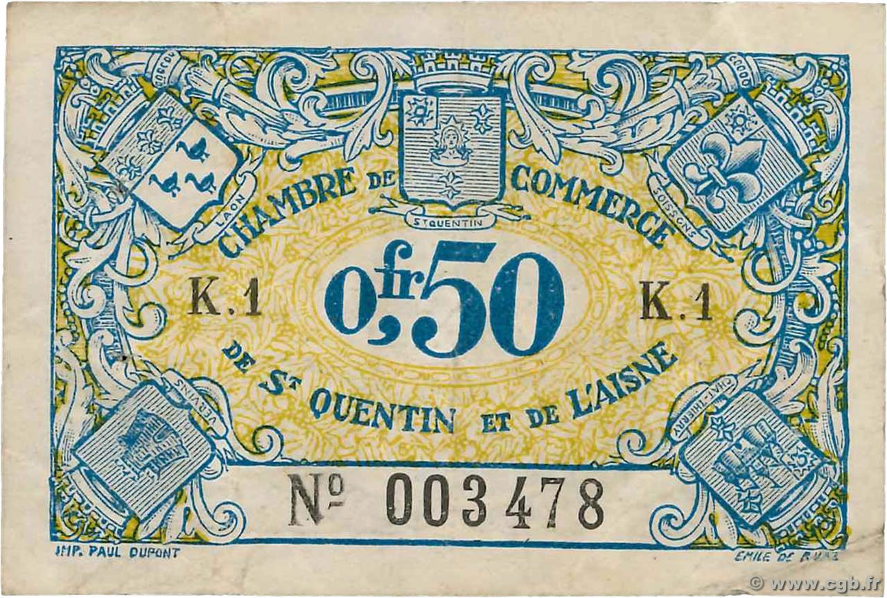 50 Centimes FRANCE Regionalismus und verschiedenen Saint-Quentin 1918 JP.116.01 fSS
