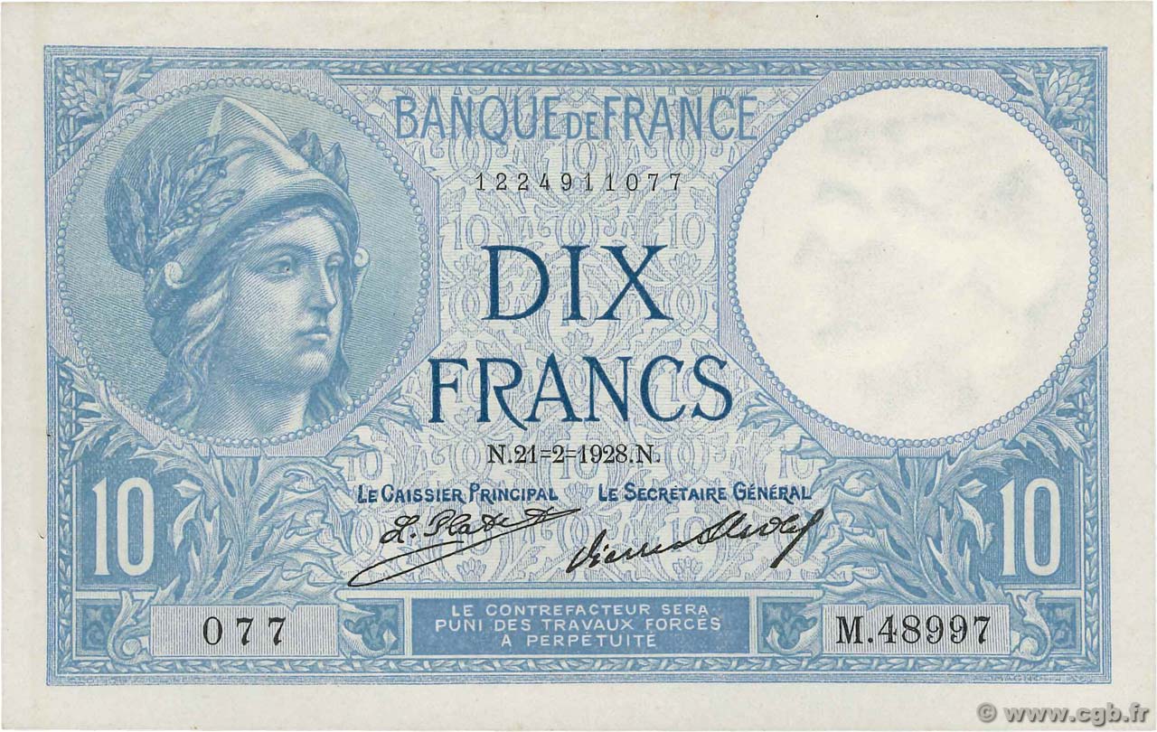 10 Francs MINERVE FRANCE  1928 F.06.13 SUP+