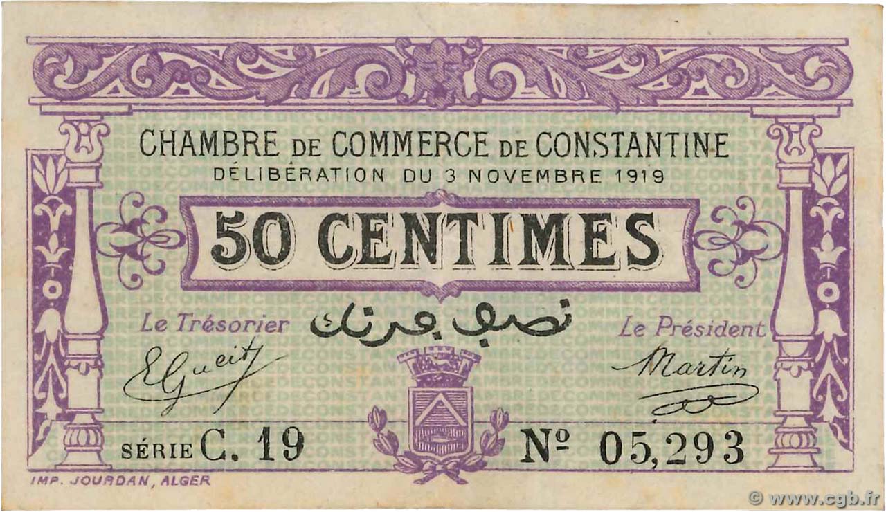 50 Centimes Grand numéro FRANCE regionalism and miscellaneous Constantine 1919 JP.140.21 VF